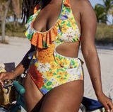Aerie Yellow Floral Monokini Floral Ruffle Halter One Piece Swimsuit Large Photo 0