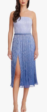 Dress The Population Blue Ombre Strapless Pleated Metallic Midi‎ Dress New Photo 0