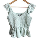 Poof‎ New York Shirt Womens Sz M Mint Green Cottage Ruffle Eyelet Top Blouse Photo 0