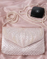 Vintage White Beaded Satin Clutch Purse | Pearl Evening Bag Bridal Prom 90s Y2K Photo 0