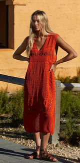 Free People FP Beach Sz L Orange Emma Fauxchet Knit Sleeveless Boho Midi Dress Photo 0