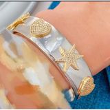 ⁠Silver Ton Star & Heart Hinged Cuff Bracelet Pave Rhinestone Statement Jewelry⁠ Photo 0