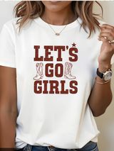 Women’s Size XL T-Shirt White Brown Let’s Go Girls Cowboy Boots Short Sleeve Photo 0