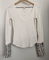 Free‎ People Medium Thermal V Neck Waffle Knit Aztec Cuff White Boho Photo 0