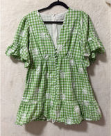 Sabo Skirt Green Gingham Floral Embroidered Mini Dress Womens Size 8 L V-Neck Photo 0