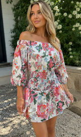 NEW MISA Los Angeles‎ Marta Floral Off-Shoulder Smocked Mini Dress Medium Photo 0