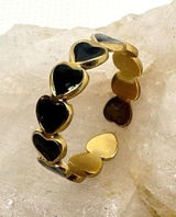18K Gold‎ Plated Heart Enamel Band Ring Size 7 Open Adjustable Black Hearts Cute Photo 0