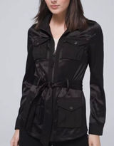 White House Black Market‎ Womens Black Satin Belted Utility Safari Jacket Zip Up Photo 0