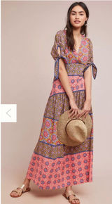 Maeve Anthropologie Eder Tiered Maxi Dress Womens 4 Medallion Boho Puff Sleeve Photo 0