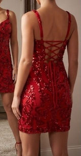 Pomuyoo Red Sequin Lace Up Back Mini Dress Party Cocktail Formal Gown 5y Photo 0