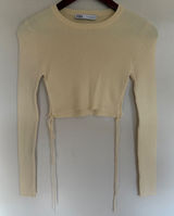 Zara Ribbed Knit Crop Top Cream Yellow Long Sleeve Side Tie Sweater Small Photo 0