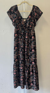 Universal Thread Black Floral Tiered Maxi Dress Small V-Neck Smocked Back Boho Photo 0