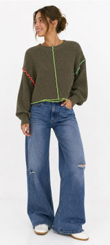 New IN Women’s Waffle Knit Sweater Medium Brown Neon Contrast Stitch Photo 0