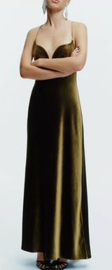 Zara‎ velvet STRAPPY bottle green maxi dress Photo 0