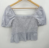 J.Crew Top Women‎ SMALL Purple White Striped Short Sleeve Smocked Cropped Photo 0