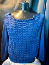 Lands End Drifter Womens XL Blue Cable Knit Cotton Sweater Raw Neck Distressed Photo 0