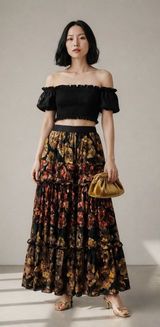 Soft Surroundings Fiametta Floral Tiered Maxi Skirt Black Gold Red Small Petite Photo 0