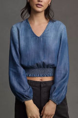 Cloth & Stone Anthropologie Smocked Waist Blouse Tencel Denim Chambray Top S Photo 0