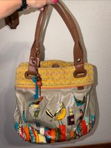 FOSSIL Key-Per Coated Canvas Tote Shoulder Bag Purse City Birds Vacation Cottage Photo 0