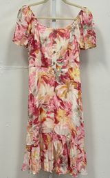 Boutique Luxology Floral Midi Dress Smocked Back Puff Sleeve‎ Size S Yellow Pink Photo 0