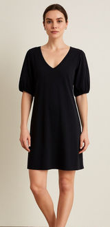 Anthropologie Velvet Puff Sleeve V-Neck Black Cotton Mini Dress Size Small‎ Photo 0