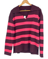 Talbots‎ Large Pink Burgundy Rugby Striped Wool Blend V-Neck Polo Sweater NWT Photo 0