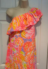 Lilly Pulitzer One Shoulder Ruffle‎ Dress Pink Neon Tropical Shift Small Coastal Photo 0