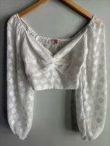 Evolutionary White Swiss Dot Twist Front Crop Top Balloon Sleeve Boho Size S Photo 0