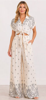 Cream Printed Wide-Leg Two-Piece Pant Set Large Photo 0