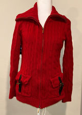 Lauren Ralph Lauren Sweater Womens S Red Cable Full Zip Brass Buckles Pockets Photo 0