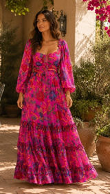 Farm Rio Sweet Forest Tiered Maxi Dress in Vibrant Pink Tropical Print Small Photo 0