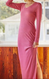 Bordeaux Ribbed V Neck Long Sleeve Lounge Dress with‎ Slit in Pink Size Medium Photo 0