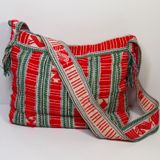 Handwoven Boho‎ Crossbody Bag Red Green Geometric Bird Motif Tassels Festival Photo 0