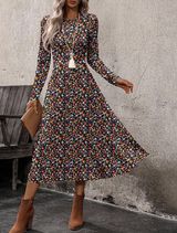 Black Multi-Floral Retro Bodycon Long Sleeve Dress Photo 0