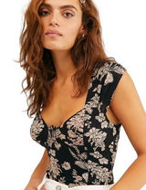 Free People Vanessa Tank Size XS Black Floral Cap Sleeve Button Front Crop Top Photo 0
