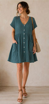✨Camille & Co Made In Italy Cotton Gauze Babydoll Dress‎ Size M Teal Boho✨ Photo 0