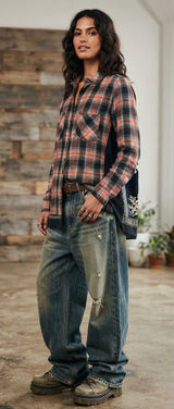 Free People Behind The Flannel Plaid & Floral Bandana Mixed Media Button Down Photo 0