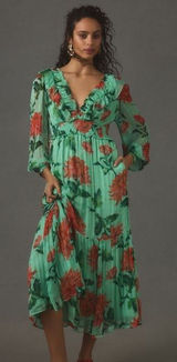 ANTHROPOLOGIE The‎ Odetta Ruffled V-neck Dress Green and Red Floral size Medium Photo 0