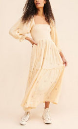 Free People Dahlia Embroidered Maxi Dress Sand Gauzy Smocked Size Small Cotton Photo 0