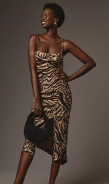 Anthropologie Tan and Black Zebra-Print Slip Midi Dress Photo 0