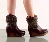 BED STU Bruges Teak Rustic Brown Leather Bootie Boots Slouch Wooden Wedge Sz 8.5 Photo 0