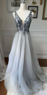 Dave & Johnny Grey Navy Blue Beaded Prom Dress Formal Ball Gown $438 0 Photo 0