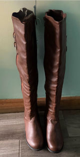 Faux Leather Over-the-Knee Riding Boots Brown with Buckles. Photo 0