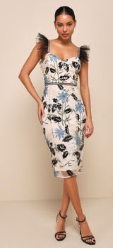 Lulus Show Stopper Cream Embroidered Sequin Bodycon Midi Dress Size Medium Photo 0
