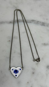 Vintage Heart Pendant Necklace Blue Flower Accents On Silver Chain Forget Me Not Photo 0