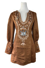 Brown Floral Print V-Neck Long Sleeve Bodycon Mini Dress Photo 0