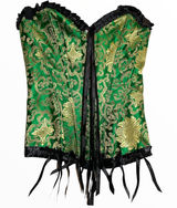 Vintage Corset 80s Floral Embroidered Lace Up Back Frill Trim Overbust Green S Photo 0