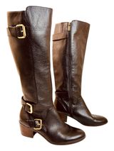Isola Dark Brown Leather Riding Boots, Stacked Heels, Brass Buckles, size 9.5 Photo 0