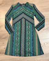 Free People Dress XS Green Stella Printed Mock Neck Long Sleeve Boho Mini Photo 0
