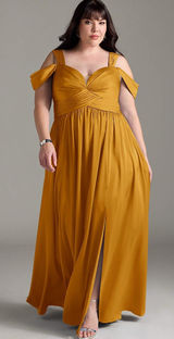 Azazie Lianne Butterscotch A-Line Off the Shoulder Stretch Satin Dress Size 16 Photo 0